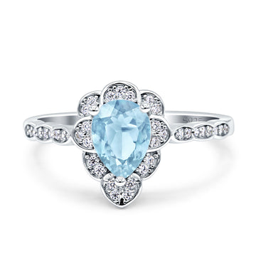 Teardrop Pear Shape Halo Engagement Ring Simulated Aquamarine CZ 925 Sterling Silver